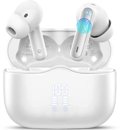Wireless Earbuds, 2026 Bluetooth 5.4 Headphones in Ear with HiFi Stereo, Bluetooth Earphones with 4 ENC Noise Cancelling Mic, 40H Playtime, LED Display, IP7 Waterproof Bluetooth Earbuds, USB-C, White
