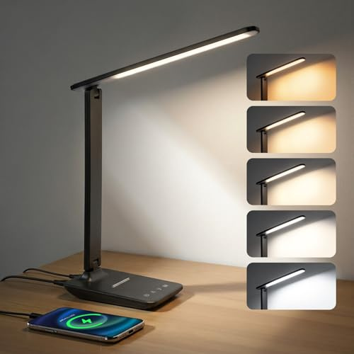 YAMYONE Lampada da Scrivania LED con Porte USB, Touch Control, Luce Anti-Affaticamento per gli Occhi, 5 Modalità di Colore, Lampada da Tavolo Pieghevole per Camera da Letto, Comodino (Nero)