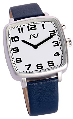 VISIONU Montre Parlante Analogique de Forme Carrée avec Fonction Réveil Annonce de l'heure et Date en Français, Cadran Blanc, Bracelet Cuir Bleu TFSW-1705F