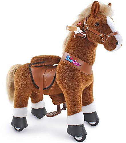 PonyCycle Pferd zum reiten, für Kinder 3–4 Jahre, 76cm Hoch, Reitpferd auf Rollen mit Handbremse und Klang, Schaukelpferd groß Rollen, Schokoladenfarben Rollpferd, Klassisches Modell U - Ux324