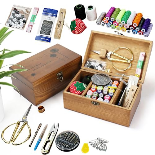 MKNZOME Caja de Costura de Madera - Cesta de Costura Vintage con Accesorios de Costura completo para Inicio Viaje Uso de Emergencia, Kit de Costurero Premium para Mamá Grandma Girl hogar regalo#4