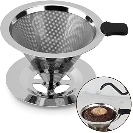 Kerry Coffee Filter, Reusable Stainless Steel Mesh Dripper, Permanent Pour Over Coffee Dripper, Paperless Drip Cone Coffee Filter with Holder Kitchen Tools for Manual Coffee Maker, 1-3 Cups