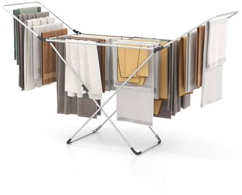 Tangkula Folding Clothes Drying Rack, Lightweight Aluminum Laundry Drying Rack w/Adjustable Wings, 20 Drying Rails, Space-Saving Laundry Hanger for Indoor & Outdoor Use, No Assembly, Silver