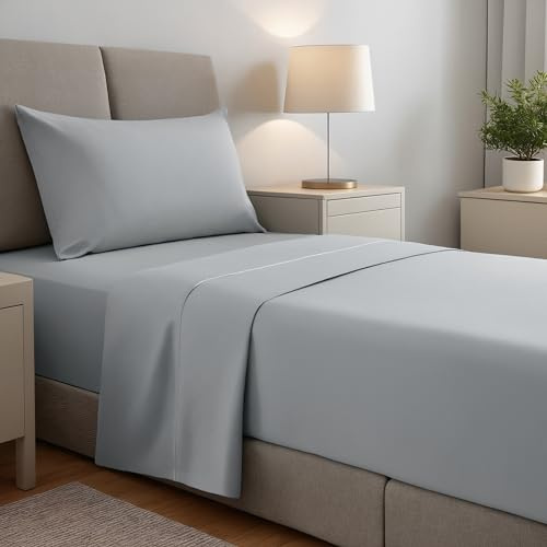 gobedreams Juego de Sábanas 3 Piezas 90x190/200. Sábanas de Cama de Poliéster Microfibra cepillada. Sábana Plana, Sabana Bajera Ajustable y 1 Fundas de Almohada. Color Gris Claro
