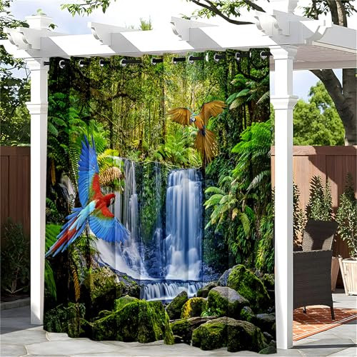 Hiseng wasserdichte Vorhänge Outdoor, 3D Papagei Muster Outdoorvorhänge Blickdicht Verdunkelungsvorhang mit Ösen 1 Stück Sichtschutz Sonnenschutz Vorhang für Garten (180x213cm,Wasserfall)