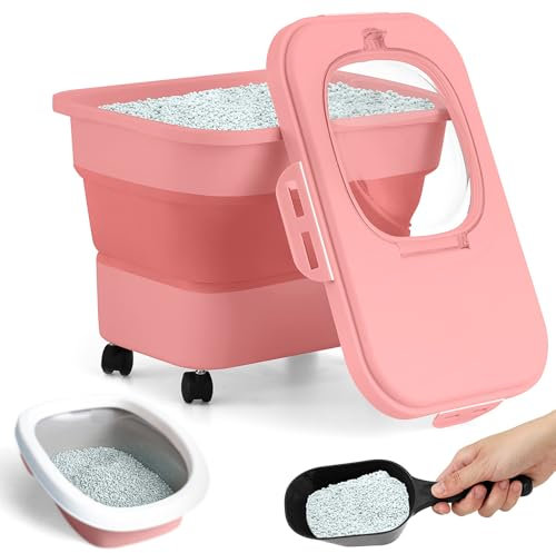 Juexica Collapsible Cat Litter Storage Bin Container with Rolling Casters, 20 Lbs Portable Cat Litter Storage Container with Airtight Lids, Shovel, Kitchen Cereal Rice Leakproof Sealable(Red)