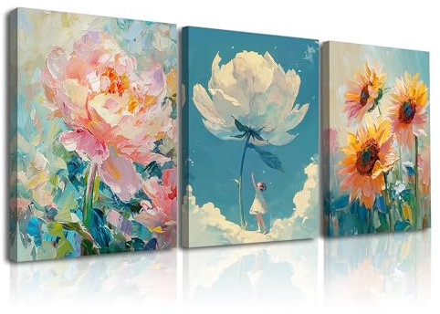 Piy Painting Impression Sur Toile Fleurs, Tableau Sur Toile, Peinture Murale Sur Toile Fleurs Colorées, Image Sur Toile Pour Chambre à Coucher Salle De Classe Salle De Bain Couloir Café, 3X30X40 CM