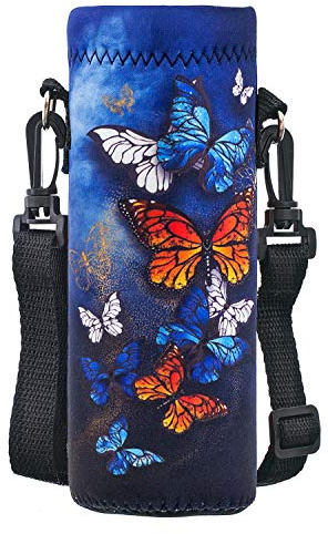 Mibbxea 500 ml vattenflaska bärväska, axelväska för flaskor, neopren flaskkylare med bärrem för män kvinnor, resor, cykling, vandring, gym, löpning, camping, fjäril, Länge - 19 cm, Durchmesser - 7 cm