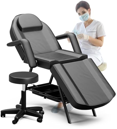 ONPNO Salon Beauty Bed with Stool, Adjustable 3-Section Massage Table with Storage Shelves, Professional Tattoo Chair, Facial Lash Bed for Client/Esthetician (Blcak)