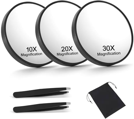 3 PCS Magnifying Mirror with Suction Cup, 10x 20x 30x Small Makeup Mirrors, Portable Compact Pocket Travel Mirror with 2 Tweezers, 8.8cm Round Handheld Magnified Mirrors for Bathroom Shaving Makeup