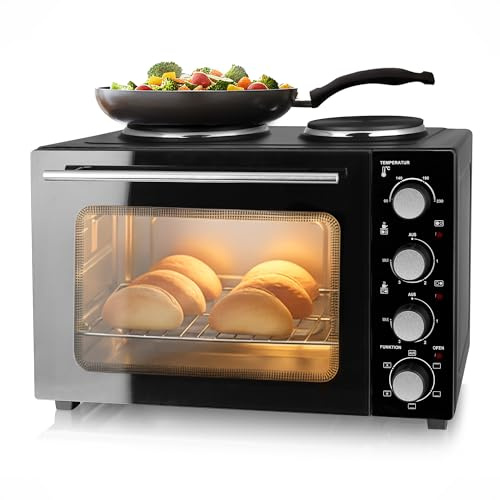 EMERIO Ugn med 32 liter + 2 spisplattor | luftcirkulation topp-/undervärme | timer temperaturregulator | inkl. bakplåt och grillgaller | kompakt bordsugn för pizza, bröd, grytor | MO-125236.4