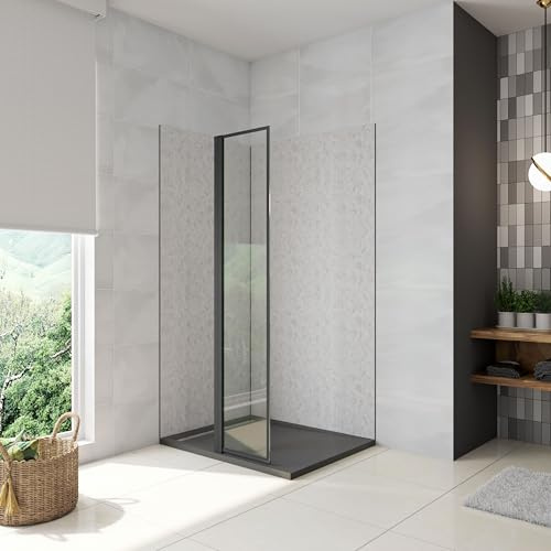 AICA Panel de ducha Lateral giratorio borde de serigrafía negra Vidrio 6mm Antical con Perfil Negro Mate,30x200cm