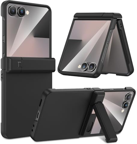 HWeggo für Samsung Galaxy Z Flip 7 Hülle, Scharnierschutz & Versteckbare Klappstütze & Integrierter Displayschutz, Wireless Charging Kompatibel Handyhülle Flip 7 Stoßfest Case, Schwarz