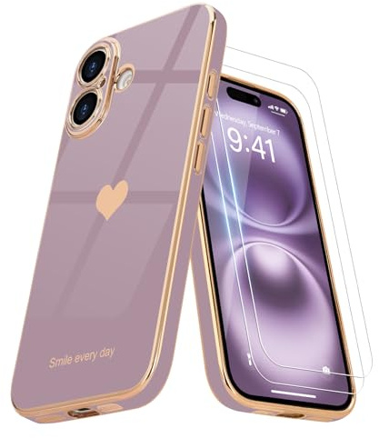 Teageo Fodral för iPhone 17, fodral med skärmskydd, 2-pack, sött fodral med lyxigt guldhjärta, mjukt silikonfodral med kameraskydd för flickor, kvinnor, stöttåligt telefonfodral för iPhone 17