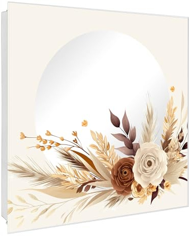 banjado Schlüsselkasten mit Spiegelfront - Schlüsselbox 30cm x 30cm mit 50 Haken - Korpus weiß Scharnier rechts -Schlüsselkasten modern für Schlüsselaufbewahrung - Motiv Herbstliches Blumenarrangement