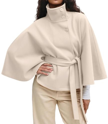 Cocila Ponchos à Manches Chauve Souris pour Femmes Manteau en Laine Col Montant Ceinture Cape Veste d'hiver Courte Long Chic (White S) Veste Legere Ete Bluzon Ete Blouson Cuir avec