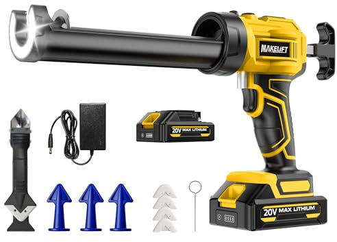 MAKELIFT Electric Caulking Gun, 10oz Caulk Gun with 1x2000mAh Batteries, Cordless Caulking Gun, 4 Adjustable Speeds, LED Light, Auto Retraction, 9 Pcs Silicone Caulking Tools for Filling and Sealing