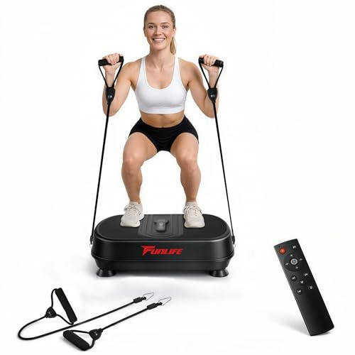 Funlife Placa vibratoria V6, 120 kg, 180 modos, 5 programas, manual, bluetooth y altavoz, placa de entrenamiento con cuerdas de entrenamiento para entrenamiento de cuerpo entero (negro)