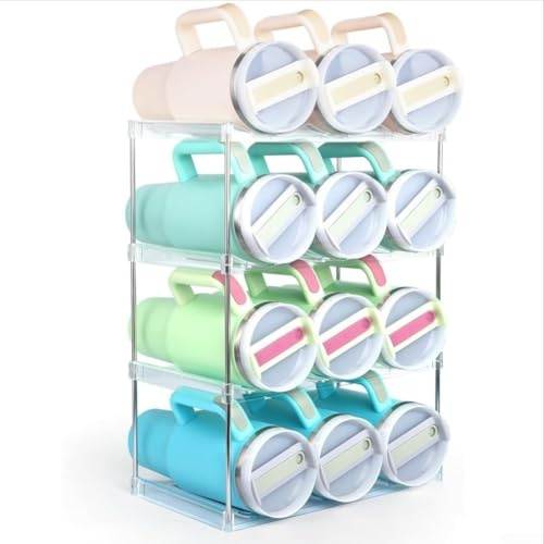 PureBowlic Klar 4-nivåers stapelbar kopphållare organisatör för 4 dl glas, rymmer 12 flaskor, akryl vattenflaska förvaring rackforchen skafferi kylskåp, 40 x 18 x 10 cm (4)