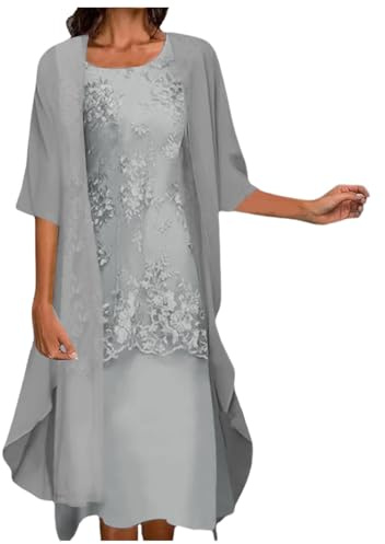 OBASDFD Dam vardaglig broderad klänning rund hals elegant halvärm chiffong scarf cardigan två set, Grå, 3XL