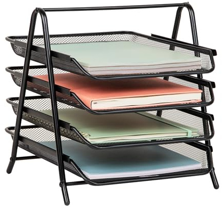 Mind Reader 4-Tier Paper Tray, Desktop Organizer, File Storage, Workspace, Office, Metal Mesh, 12L x 13.75W x 12.5H, Black