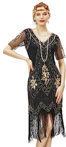 BABEYOND 1920-tals klänning damer charlestonklänning med kort ärm Gatsby temafest damer kostym klänning, Svart guld, XXL