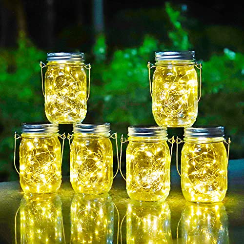 HOYIBO Solarlampen für Außen - 6 Stück Solar Licht Einmachglas 30 LED Solar Mason Jar Licht Wasserdicht Hängende Solarlampen für Außen Garten Weihnachten Hochzeit Party Baum Deko (Warmweiß)