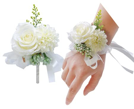 Rikyo Set di 2 bouquet da polso con fiori da polso, 7,6 cm, rosa artificiale e garofano, fiori di seta fatti a mano, per matrimoni, accessori per abiti da ballo (bianco)