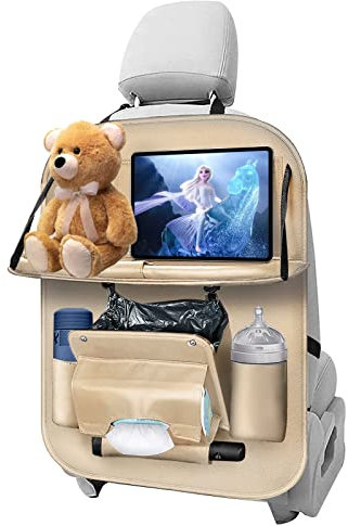 hifrom Auto Rückenlehnenschutz, Autositz Organizer mit Müllsack, Auto Organizer Rücksitz für Kinder, Rücksitzschoner mit Tablet/Telefon Aufbewahrung, Auto Aufbewahrungstasche für Reisen (Beige)