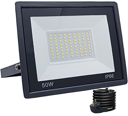 Meision LED Strahler Außen 50W, LED Scheinwerfer mit Stecker, Superhell Aluminium Flutlicht Kaltweiß 6500K IP66 Wasserdicht, Außenstrahler mit 3m Kabel für hof, Garage, Garten, Flur