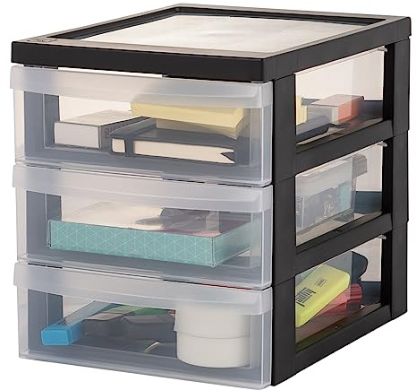 Iris Ohyama Schreibtisch-Schubladen-Einheit, 3 flache Schubladen, Schwarz, leicht zu öffnen, A5, transparent, für Homeoffice, Dokumente, Büromaterial, Akten, Papierablage, BPA-frei, DC-A5