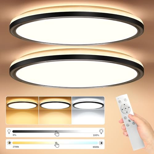 Lamparas de Techo 24W, Plafon Led Techo Regulable con Mando a Distáncia & Efecto de Retroiluminación, Lampara de Techo para Dormitorio Cocina comedor habitacion Pasillo Balcón Salón, Negro (2 Pieza)