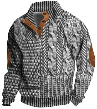 Berrynight Hommes Casual Rétro Cachemire Col Montant Bouton Sweatshirt Élégant Vintage Tops Boutons Pull à Manches Longues, gris, L