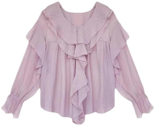 Camicia in Chiffon a Maniche Lunghe da Donna in Primavera, Design di Fascia Alta, Top a Strati con Volant Sottile e Irregolare - Viola Delicato - L