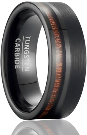 SOXEMAN Anillo de carburo de tungsteno de inspiración vintage para caballero, anillo de compromiso para hombre con incrustaciones de madera de grano de madera de 8 mm de ancho.