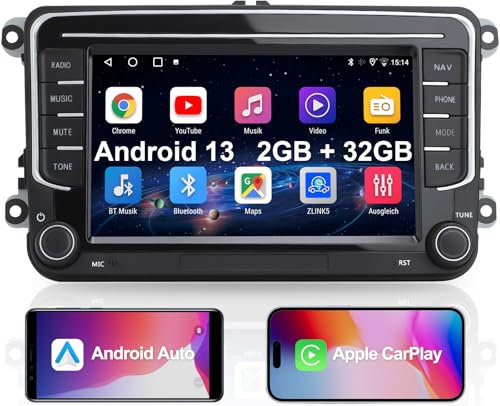 TOUTBIEN Android Autoradio mit Navi für VW Golf, Passat, Seat, Touran, Skoda, 2 DIN 7 Zoll Car Radio, Wireless Carplay & Android Auto, 2GB+32GB Speicher, Physischer Lautstärkeregler, EQ, Mirrorlink