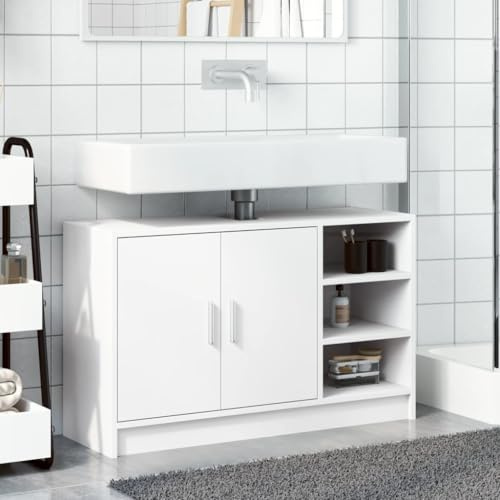Homvdxl Under-Sink Storage Cabinet w/ 2 Doors & Open Shelves, 90x29x55 cm, Bathroom Cabinet Space Saver Organizer, for Washbasins without Pedestal, White