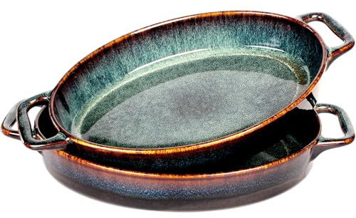 jinsongdafa Ceramic 30.5 CM Casserole Baking Dish with Handles, (800 ML) Oval Gold Au Gratin Dishes, Set of 2 Lasagna Pan Bakeware, Food Preserve Tray, Catering Casserole Dish for Party Style