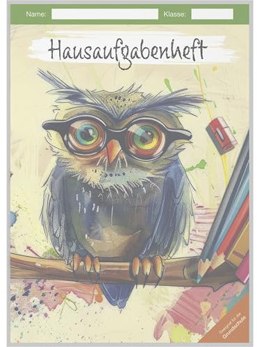 Alpha Edition Hausaufgabenheft Eule 2026 – DIN A5 (ca. 15×21 cm) mit 96 Seiten & farbcodierten Wochentagen, robustes Schüler-Hausaufgabenheft mit Klarsichtumschlag für Grundschule Klassen 1–4