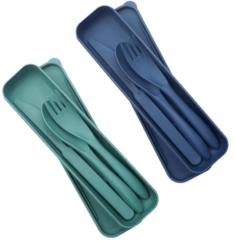 GETRICH 2 Piezas Cubiertos de Viaje con Estuche, Reutilizables Cubiertos Camping, Cubierto de Plástico Portátil para Lonchera Escolar, Picnic, Viajes, Camping o Uso Diario, Azul, Verde
