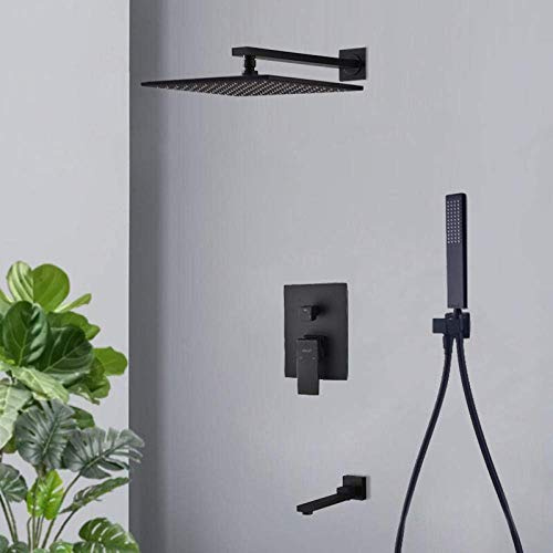 LIUWOPA Juego de Ducha empotrada, Cabezal de Ducha Negro con Manguera de 8 Pulgadas, Cabezal de Ducha con Aumento de presión Tipo Lluvia, Cabezal de Ducha Cuadrado con Aumento de presión