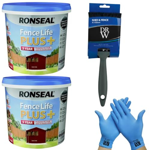 X2 Ronseal One Coat Shed & Fence Protector Dark Oak 5L UV Protection + Free 4 Fence Paint Brush & Nitrile Gloves | Long-Lasting Weatherproof Wood Protection | One Coat Formula for Sheds and Fences
