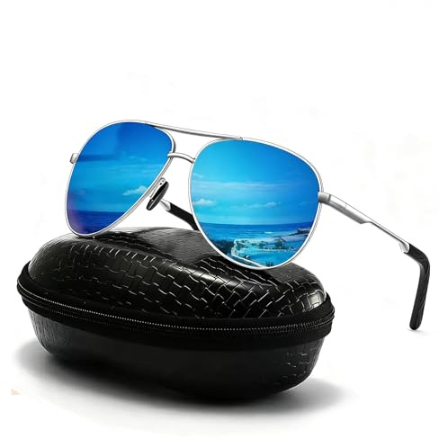 DXRPO Lunettes de Soleil Homme Femme Polarisées Aviateur, UV400 en Alliage Al-Mg Premium, Cadre Métallique Vintage Outdoor,Bleu/Argenté