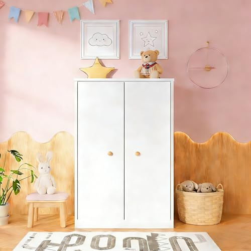 HAUSPROFI Armadio piccolo con asta, armadio a 2 ante bianco in MDF 80 x 50 x 120 cm, armadio per bambini sottile per camera da letto e cameretta dei bambini (bianco)