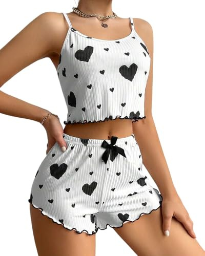 FULOOE Pijama Mujer Verano Manga Corta Sexy Pijamas Cortos Mujers Sin Mangas Algodon Conjunto de 2 Piezas Ropa de Dormir