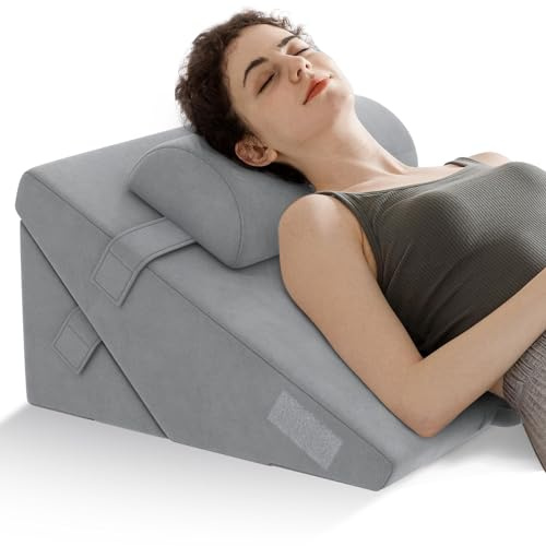 COSTWAY Coussin de Lecture Ergonomique en Mousse à Mémoire, Oreillers Compensés Appui-tête Réglable Housse Amovible pour Post-Chirurgie, Femme Enceinte (Gris)
