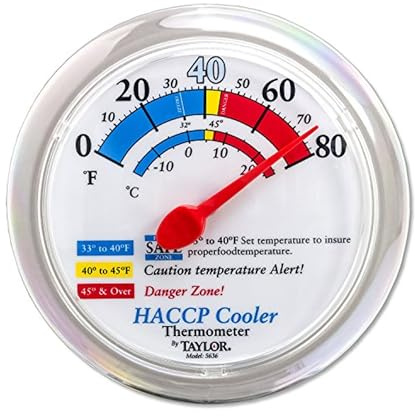 Taylor Cooler/Freezer Wall Thermometer with Mounting Bracket, Color-Coded Temperature Zones for Proper Food Storage, White