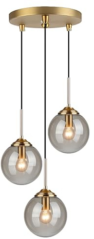 LFsem Lámpara Colgante de Techo con 3 Esferas de Cristal para Comedor y Cocina, Luz Colgante Tipo Racimo de Metal en Latón, Casquillo E27, Estilo Industrial Vintage (Gris)