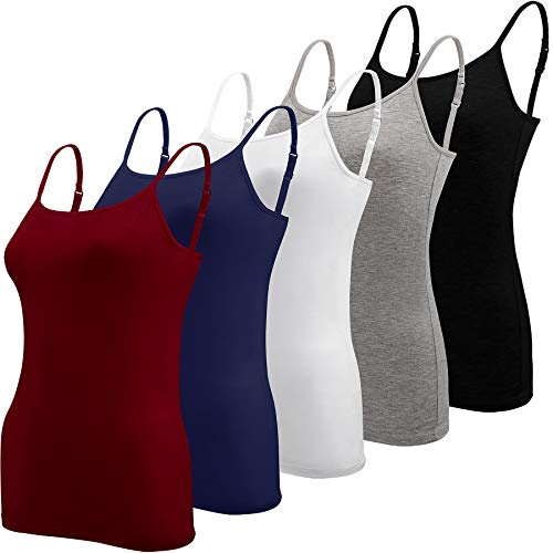BQTQ 5 Pieces Basic Camisole Adjustable Strap Vest Top for Women and Girl, Black, White, Grey, Dark Grey, XXL