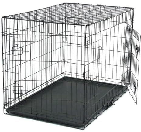 Cage Chien Pliable, Chenil pour Chien avec Cloison, bac en Plastique et 2 Portes, XXL (107 x 68 x 75 cm), Cage de Transport Chien, Lapin, Chiot et Animaux Domestique, en Metal, Noir
